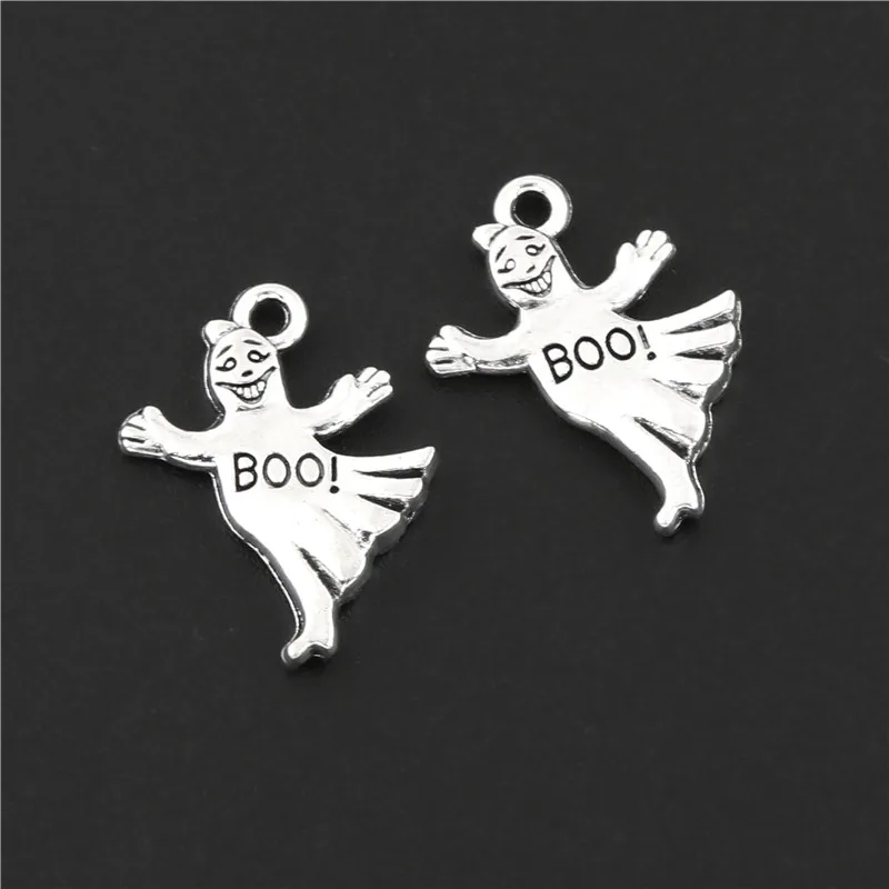 

25Pcs Silver Color Plated Boo Ghost Charms God Pendant Making Halloween Day Gift Necklaces Earrings Jewelry 14X17mm A3129