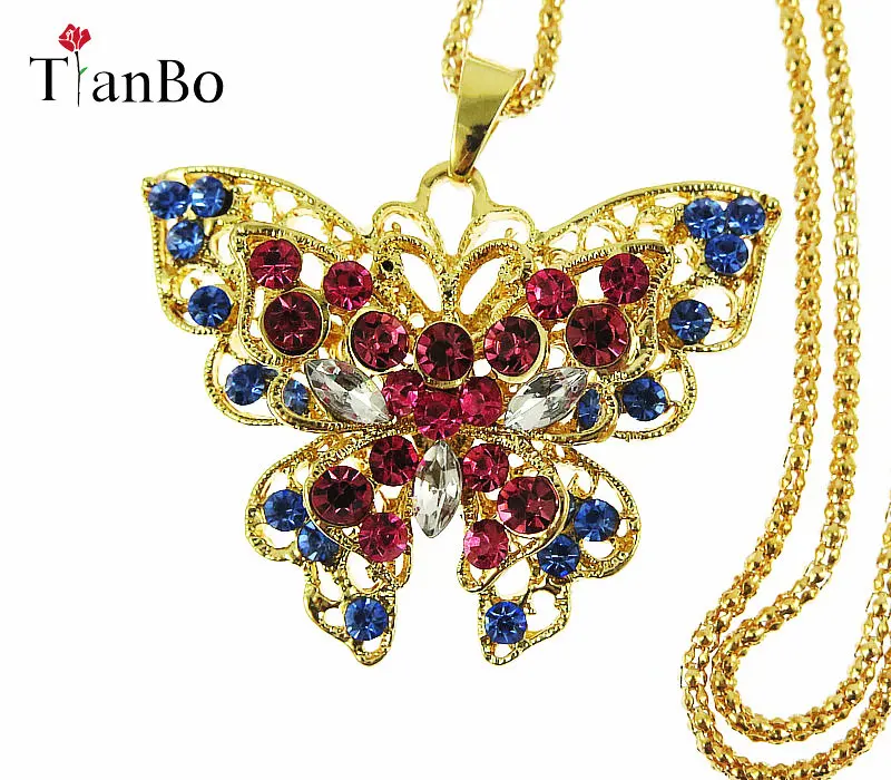 

TianBo Beautiful Rhinestone Long Butterfly Necklaces Sweater Pendant Necklace For Women Pendants Suspension Gold Jewelry