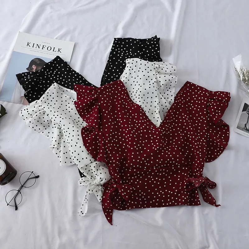 2019 Sweet Polka Dots V-neck Pleated Blouse Short Petal Sleeve Elastic High Waist Bowtie Chiffon Shirts Sexy Ruffles Tops PZ1509
2019 Sweet Polka Dots V-neck Pleated Blouse Short Petal Sleeve Elastic High Waist Bowtie Chiffon Shirts Sexy Ruffles Tops PZ1509
