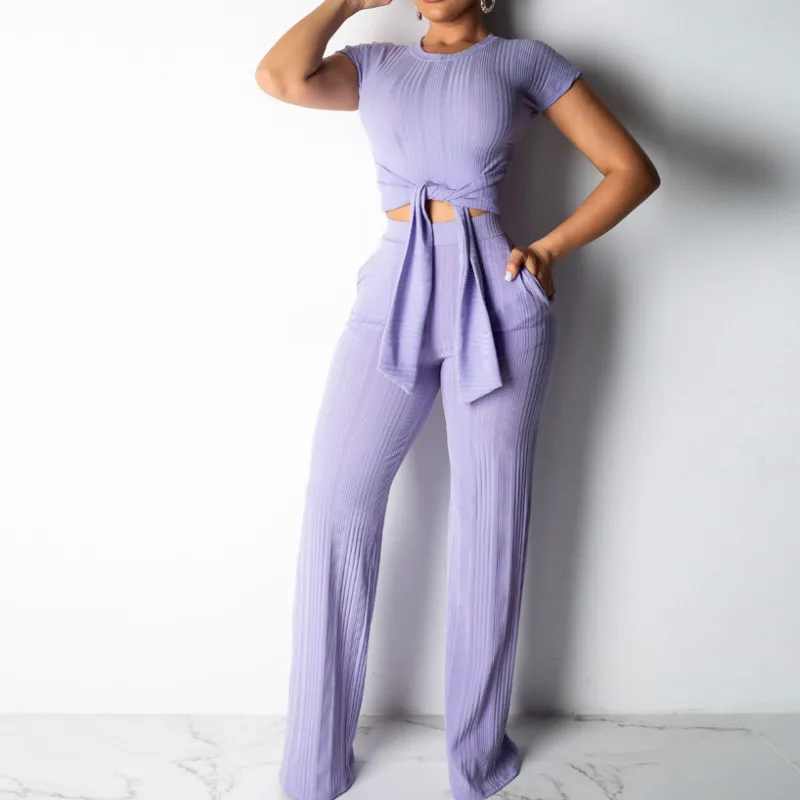 Women Bodycon Clothing Sets 2 Piece Short Sleeve Crop Top Wide leg Pants Set Slim Casual Outfits |