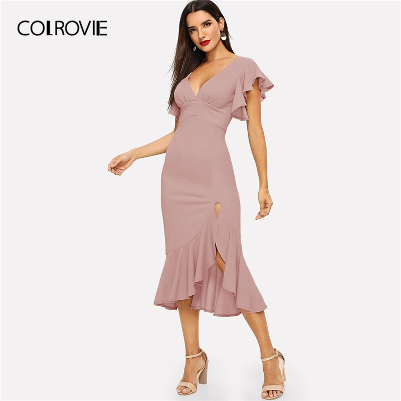 

COLROVIE Pink Flutter Sleeve Asymmetrical Ruffle Hem Pencil Dresss Women 2019 Summer Sexy Deep V Neck Cap Sleeve Sheath Dresses