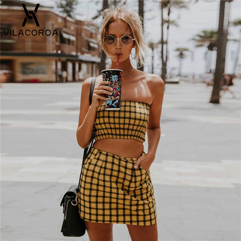 Summer Sexy Women Dress Set Yellow Plaid Tube Top Sleeveless Crop Top + High Waist Mini Skirt 2 Piece Set Women Summer Dresses
Summer Sexy Women Dress Set Yellow Plaid Tube Top Sleeveless Crop Top + High Waist Mini Skirt 2 Piece Set Women Summer Dresses