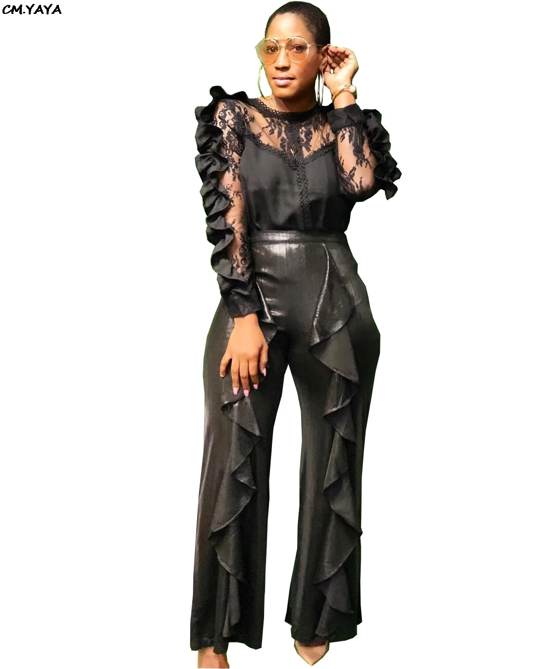 new ruffles mesh long sleeve patchwork blouses shirts ruffles faux leather straight pants two pieces women's sets outfits GL5081
new ruffles mesh long sleeve patchwork blouses shirts ruffles faux leather straight pants two pieces women's sets outfits GL5081