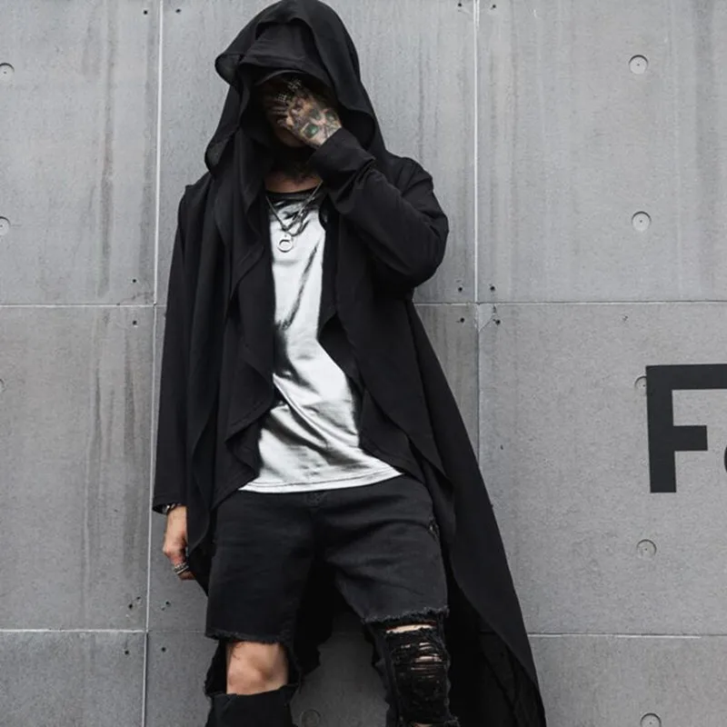 Nightclub DJ singer hip hop punk rock thin long trench coat irregular design men gothic hooded shirt cloak vintage cardigan
Nightclub DJ singer hip hop punk rock thin long trench coat irregular design men gothic hooded shirt cloak vintage cardigan