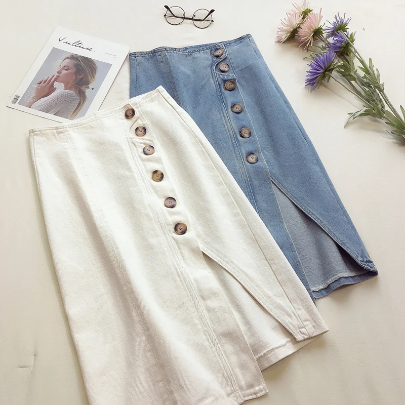 2019 Summer White Blue Denim Skirts Womens High Waist Plus Size Split Design Buttons Pockets Jeans Skirt Casual Midi Skirt jupe
2019 Summer White Blue Denim Skirts Womens High Waist Plus Size Split Design Buttons Pockets Jeans Skirt Casual Midi Skirt jupe