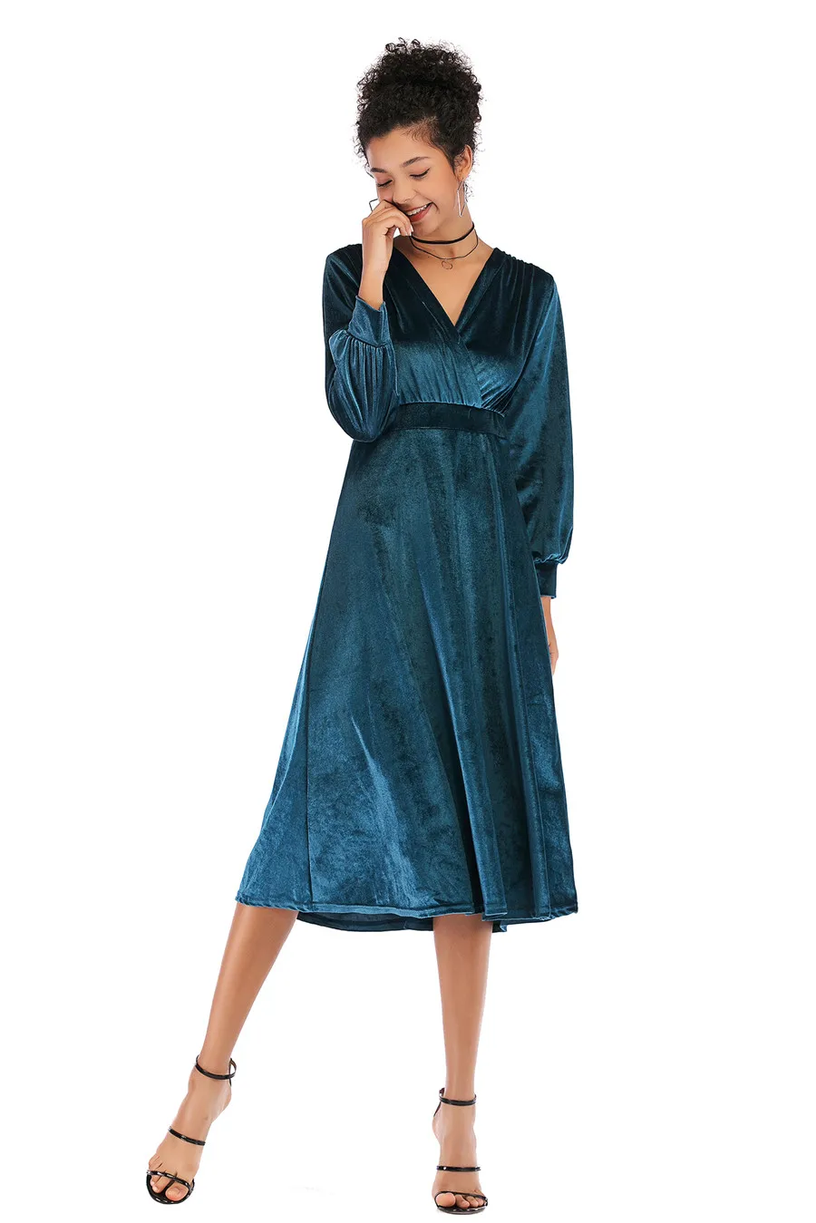 Gladiolus 2018 Autumn Winter Dress Women Long Sleeve V-Neck Tunic Swing Midi Sexy Gold Velvet Dress Women Evening Party Dresses (19)