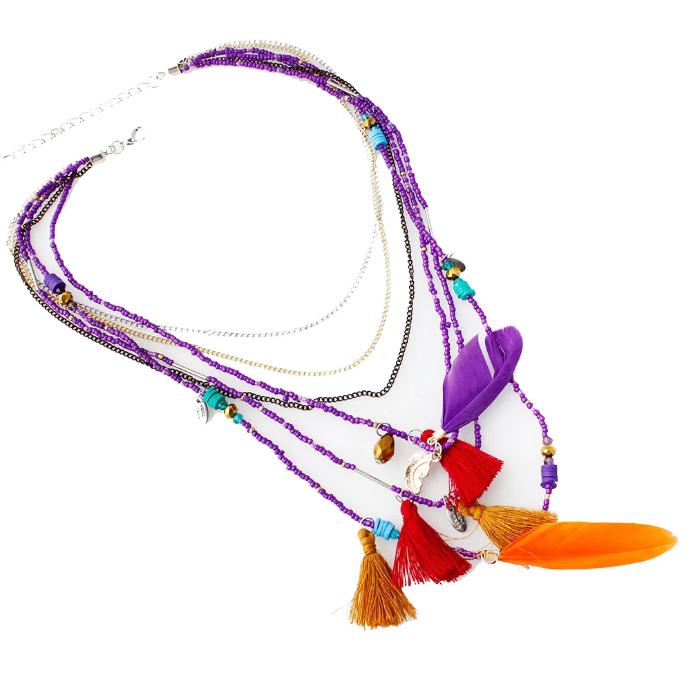 Bohemian Necklaces Handmade Multilayered Beads Long Feather Tassel