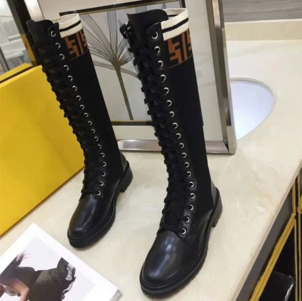 Leather Knitting Patchwork Knee High Women Boots Letter Decor Cool Motorcycle Boots Lace Up Sexy Ladies Riding boots Botas Mujer 
Leather Knitting Patchwork Knee High Women Boots Letter Decor Cool Motorcycle Boots Lace Up Sexy Ladies Riding boots Botas Mujer