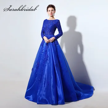Long Sleeve Royal Blue Lace Bodice Ball Gown Evening Dresses with Beading Crystal Organza Zipper Back Pageant Party Gowns LX045 
Long Sleeve Royal Blue Lace Bodice Ball Gown Evening Dresses with Beading Crystal Organza Zipper Back Pageant Party Gowns LX045