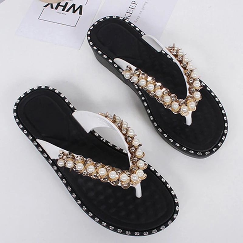 HEE GRAND Flip Flops Shoes Woman Wedges For Women Fashion Summer Slippers Casual Ladies Bead Pearl Sandals XWT1682 | Обувь