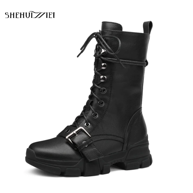 SHEHUIMEI 2018 New Arrival Cow Leather Grain Winter Streetwear Rock Med Heels Motorcycle Boots Round Toe Buckle Mid-calf Boots
SHEHUIMEI 2018 New Arrival Cow Leather Grain Winter Streetwear Rock Med Heels Motorcycle Boots Round Toe Buckle Mid-calf Boots