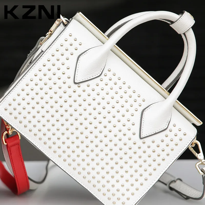 

KZNI Genuine Leather Bag Ladies Tote Rivet Crossbody Bag Designer Handbags High Quality Clutches Sac a Main En Cuir Femme 1387