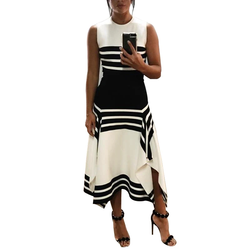 

Women Elegant Boho Tunic Party Dress Female Casual Contrast Stripes Splicing Irregular Hem Dresses Asymmetricl