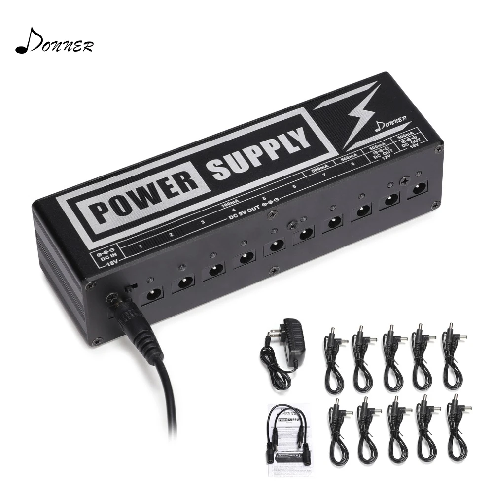 

Donner DP-2 Isolated Guitar Pedal Power Supply High Current 10 DC Cables Output for 9V/12V/18V Effect Pedal US/UK/EU Plug Caple