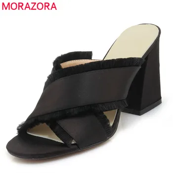 

MORAZORA 2020 hot sale peep toe elegant party wedding shoes top quality silk women sandals 8.5cm square high heels mules shoes