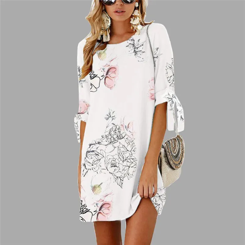 Fashion summer dress 2018 beach dress Women Summer Half Sleeve Bow Bandage Floral Striaght Casual Short Mini Dress robe J08#N (4)