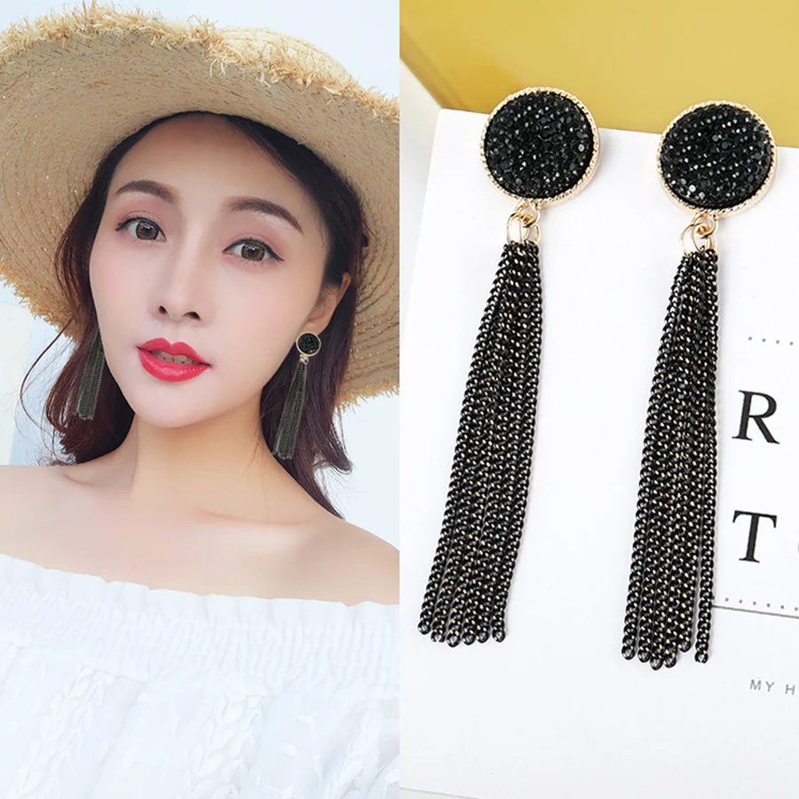 Fashion Golden Silver Plated Dangle Hanging Black Rhinestone Long Drop Earrings Women Jewelry Tassel Earrings Statement Earrings 
Fashion Golden Silver Plated Dangle Hanging Black Rhinestone Long Drop Earrings Women Jewelry Tassel Earrings Statement Earrings