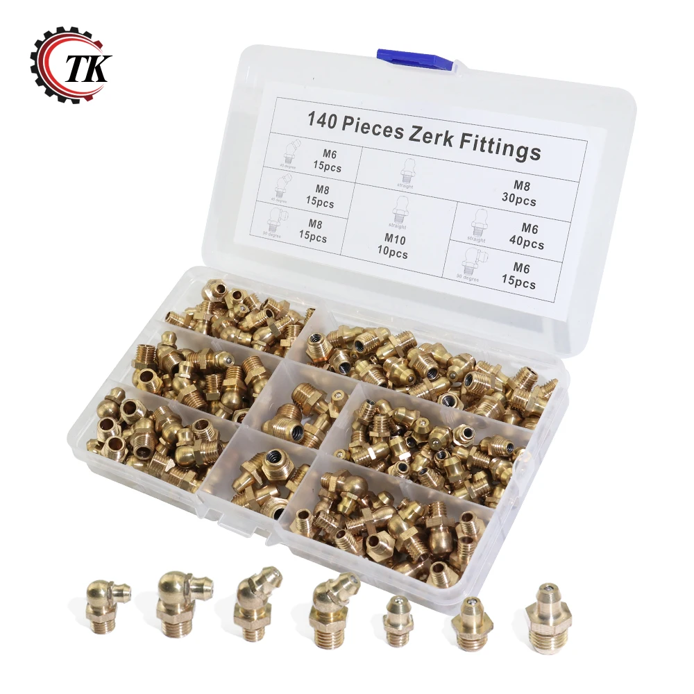 140pcs M6 M8 M10 Straight and 45 Degree and 90 Degree Hydraulic Brass Zerk Oil Grease Gun Nipple Fitting Assortment Kits
140pcs M6 M8 M10 Straight and 45 Degree and 90 Degree Hydraulic Brass Zerk Oil Grease Gun Nipple Fitting Assortment Kits