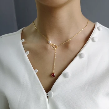925 Sterling Silver 18k Gold Necklace for Women With Pearl Y Drop Necklace Heart Drop Pendant Red Ruby CZ Zircon Lariat Necklace 
925 Sterling Silver 18k Gold Necklace for Women With Pearl Y Drop Necklace Heart Drop Pendant Red Ruby CZ Zircon Lariat Necklace