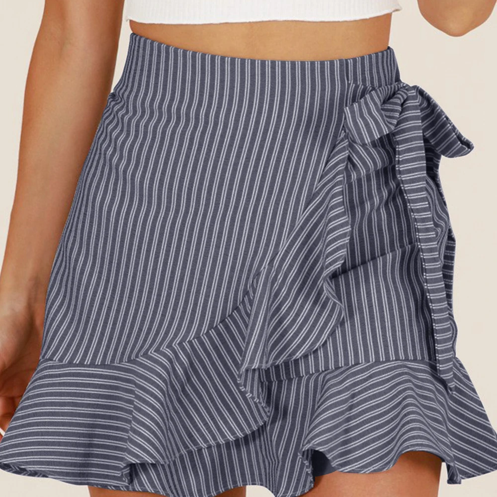 

Knotted striped ruffle skirt women Bow tie high waist summer skirt A line streetwear casual wrap female skirts 2019 saias