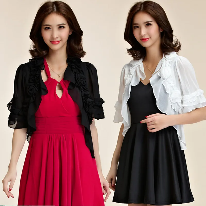 F~3XL Plus Size Sexy Elegant Flower Ruffle Outerwear Large Chiffon Tops Bolero Crop Short Asymmetrical Formal Ladies Jacket Coat | Женская