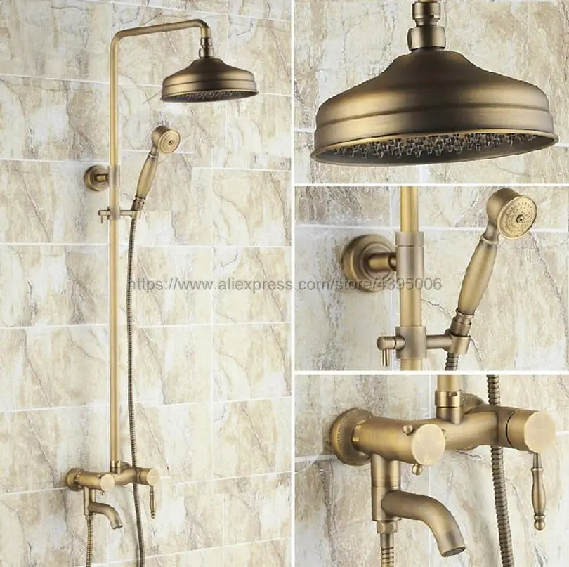 

Antique Brass 8" Rainfall Shower Faucet Dual Handle Wall Mount Tub Spout Bath Shower Mixers + Handshower Brs153