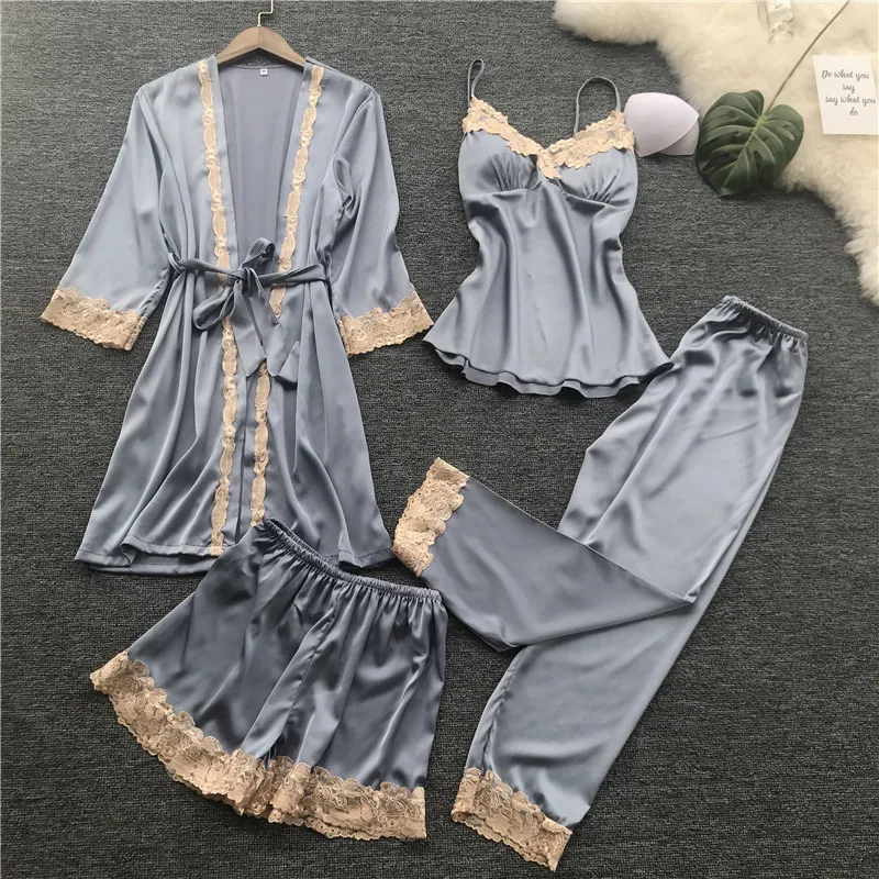 4 Pieces Women Pajamas Sets Satin Sleepwear Silk Nightwear Pyjama Spaghetti Strap Sleep Lounge Pijama with Chest Pads
4 Pieces Women Pajamas Sets Satin Sleepwear Silk Nightwear Pyjama Spaghetti Strap Sleep Lounge Pijama with Chest Pads