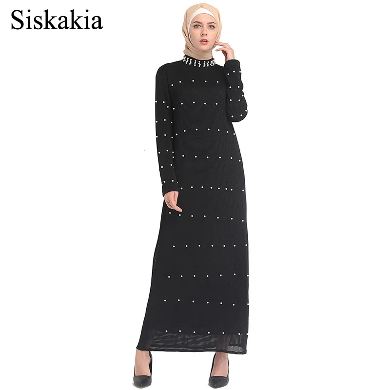 Siskakia Solid Muslim Beading Design Maxi Long Dress Women Ramadan Stand Collar Long Sleeve Black Muslim Female Dresses Elegant
Siskakia Solid Muslim Beading Design Maxi Long Dress Women Ramadan Stand Collar Long Sleeve Black Muslim Female Dresses Elegant