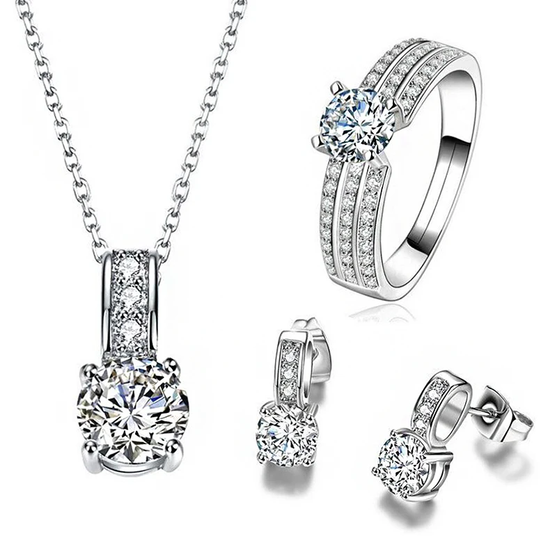 3 in 1 3A Zirconia Crystal Pendant Necklace Exquisite Earrings Resizable Ring Fashion Silver Jewelry Sets Wedding Gift for Women
3 in 1 3A Zirconia Crystal Pendant Necklace Exquisite Earrings Resizable Ring Fashion Silver Jewelry Sets Wedding Gift for Women