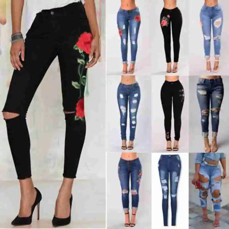 Fashion Women Casual High Waist Ripped Denim Jeans Flower Embroidered Skinny Stretch Trouser
Fashion Women Casual High Waist Ripped Denim Jeans Flower Embroidered Skinny Stretch Trouser