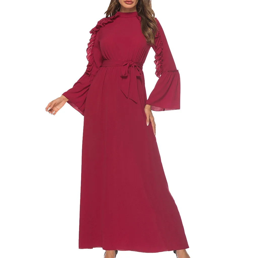 women spring 2019 solid red dress sash peplum ruffles long sleeve ankle length elegant dresses maxi vestidos 5.4 | Женская одежда