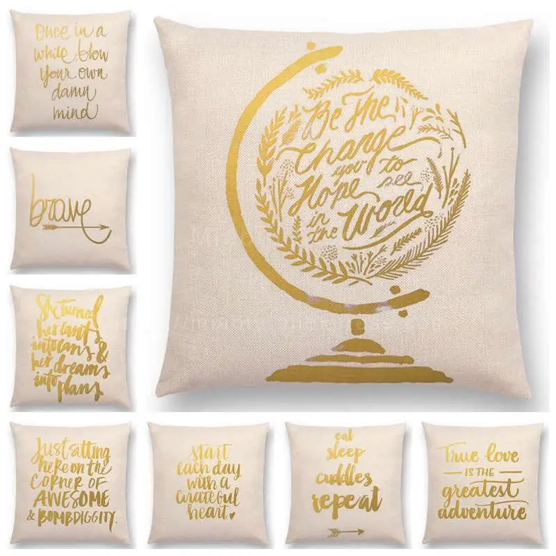 

Newest Golden Letters Cushion Cover Art Decorative Brave Confidence Hope Love Forceful Warm Words Arrow Sofa Throw Pillow Case