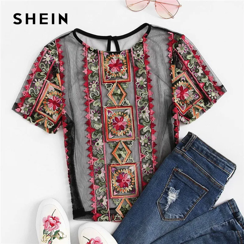 

SHEIN Flower Embroidered Sheer Crop Top Without Bra 2019 Women Summer Mesh Sexy Cut Out Keyhole Back Short Blouses Ladies Tops