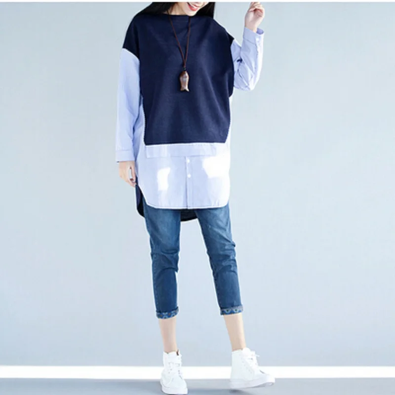 2019 New Spring Autumn Women Big Size Shirts Round Neck Patchwork Stripe Female Blouse Long Sleeve Casual Loose Fashion Blusas
2019 New Spring Autumn Women Big Size Shirts Round Neck Patchwork Stripe Female Blouse Long Sleeve Casual Loose Fashion Blusas