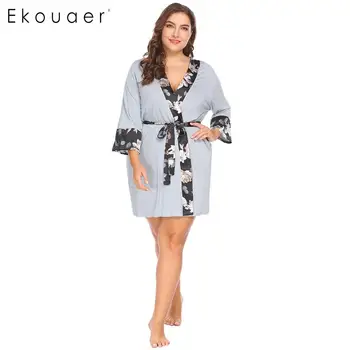 Ekouaer Women Sleepwear Soft Kimono Robe 3/4 Sleeve Floral Satin Patchwork Belted Spa Bathrobe Plus Size Female Nightwear 
Ekouaer Women Sleepwear Soft Kimono Robe 3/4 Sleeve Floral Satin Patchwork Belted Spa Bathrobe Plus Size Female Nightwear