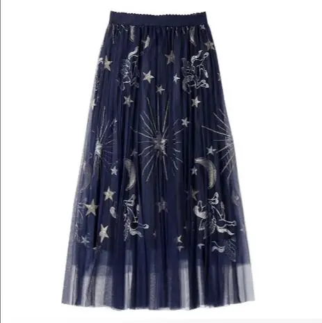 Luxury women moon Star embroidery mesh pleated skirt sequined butterfly pattern elastic waist casual chic midi skirts
Luxury women moon Star embroidery mesh pleated skirt sequined butterfly pattern elastic waist casual chic midi skirts