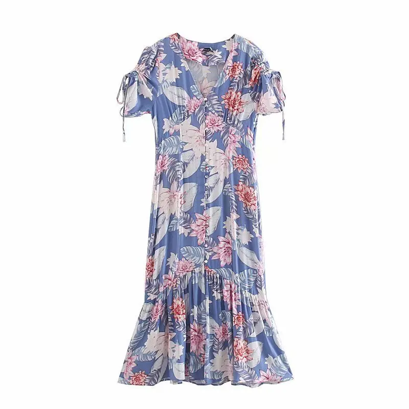 QZ600 Womens Blue Color Floral Print V Neck Buttons Ruffles Bottom Long Dress Viscose Vestidos
QZ600 Womens Blue Color Floral Print V Neck Buttons Ruffles Bottom Long Dress Viscose Vestidos