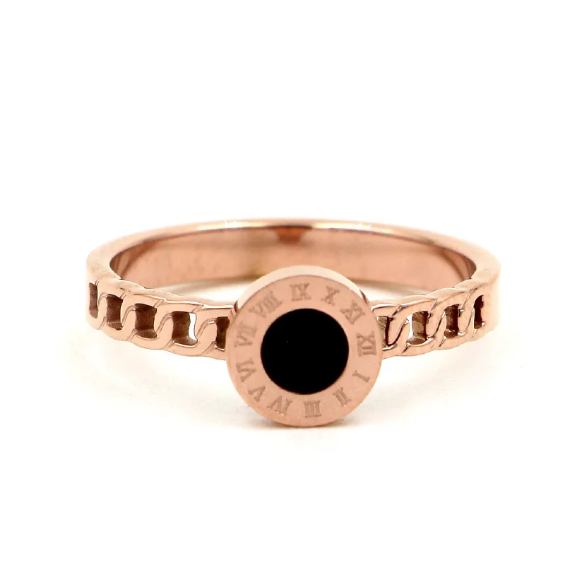 Fashion Love Round Black Shell Roman Numerals Chain Rings Women Rose gold color Stainless Steel Party Wedding Rings
Fashion Love Round Black Shell Roman Numerals Chain Rings Women Rose gold color Stainless Steel Party Wedding Rings