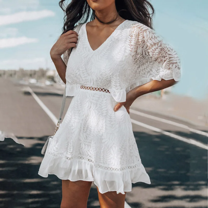 Summer Beach Holiday Dress White V-neck Lace Ruffles Half Sleeve Hollow Out Dress Women's Clothing
Summer Beach Holiday Dress White V-neck Lace Ruffles Half Sleeve Hollow Out Dress Women's Clothing