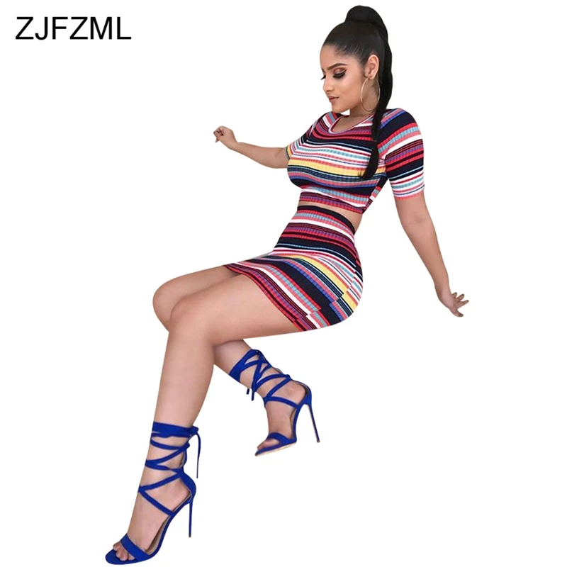 ZJFZML Rainbow Striped Sexy Two Piece Set Dress Women Round Neck High Waist Pencil Dress Summer Female Short Sleeve Short Robe
ZJFZML Rainbow Striped Sexy Two Piece Set Dress Women Round Neck High Waist Pencil Dress Summer Female Short Sleeve Short Robe