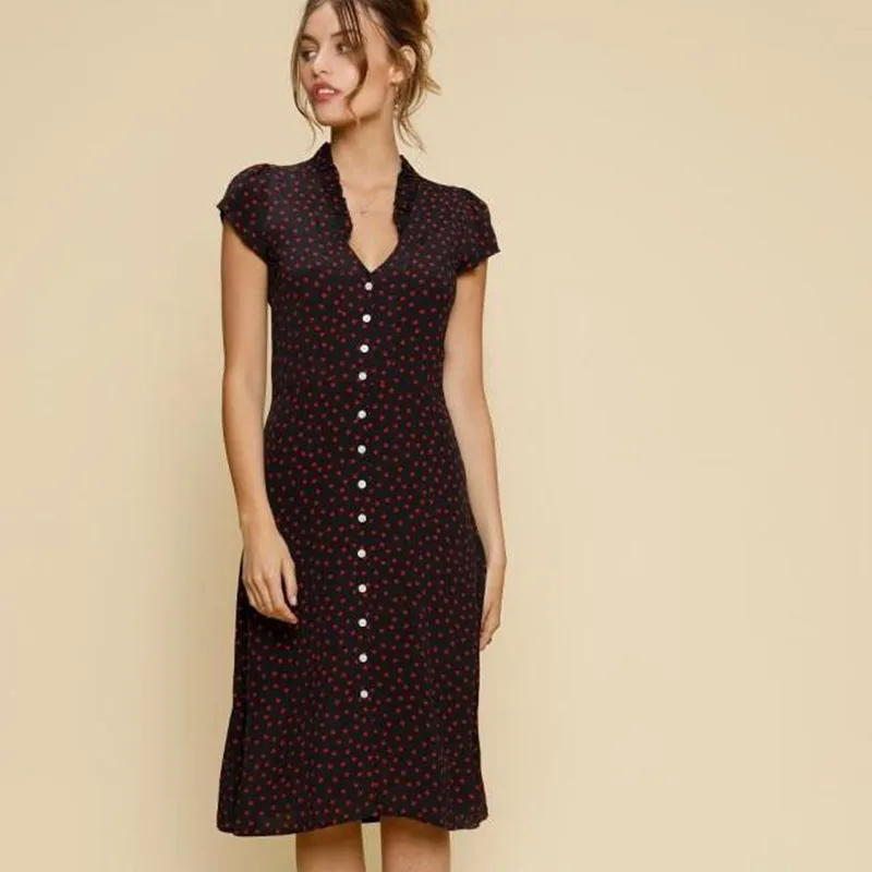 Women Polka Dot Print Short Sleeve Ruffle V Neck Front Closure Buttons Viscose LENA Robe Sexy Sweet Midi Dress
Women Polka Dot Print Short Sleeve Ruffle V Neck Front Closure Buttons Viscose LENA Robe Sexy Sweet Midi Dress