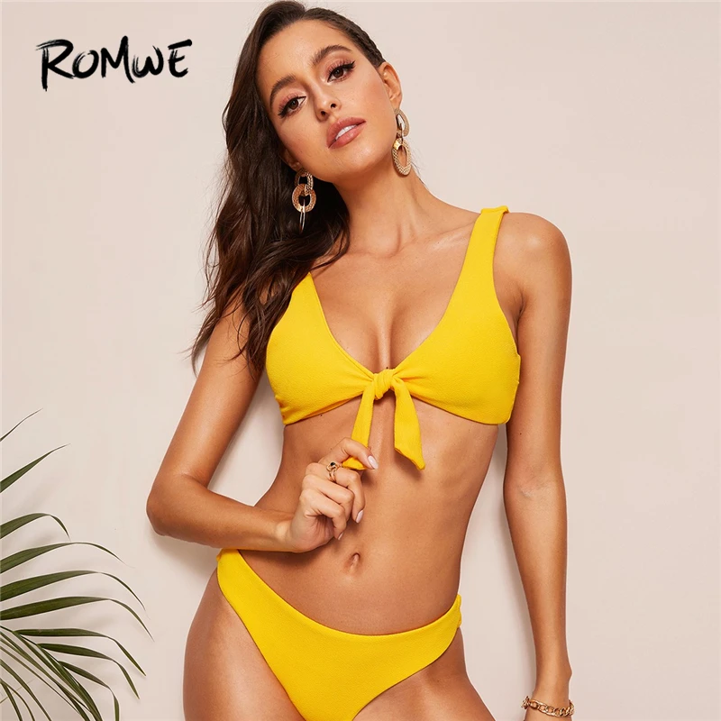 

Romwe Sport Yellow Bright Solid Knot Front Plunge Neck Top With Bottoms Bikinis Set Women Summer Beach Sexy Wire Free Swimsuit