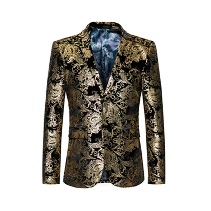 Gold Coated Metallic Suit Men Jacket Glitter Bronzing Floral Print Blazer Jacket Men Slim Two button Nightclub DJ Stage Costumes
Gold Coated Metallic Suit Men Jacket Glitter Bronzing Floral Print Blazer Jacket Men Slim Two button Nightclub DJ Stage Costumes