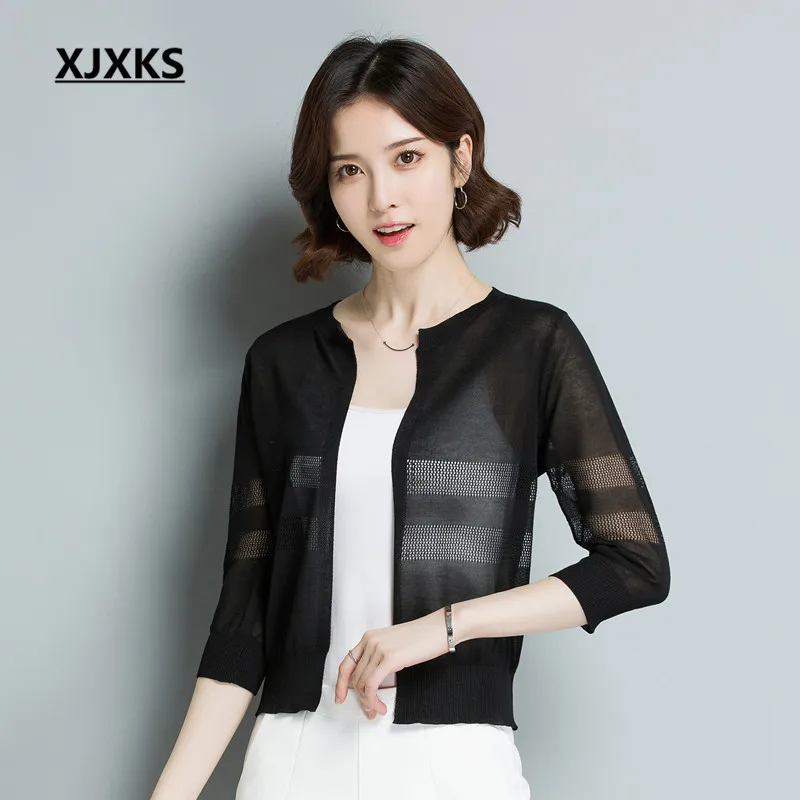 XJXKS 2019 summer new knitted women sweater sun protection clothing fashion solid color round neck line fabric women cardigan
XJXKS 2019 summer new knitted women sweater sun protection clothing fashion solid color round neck line fabric women cardigan