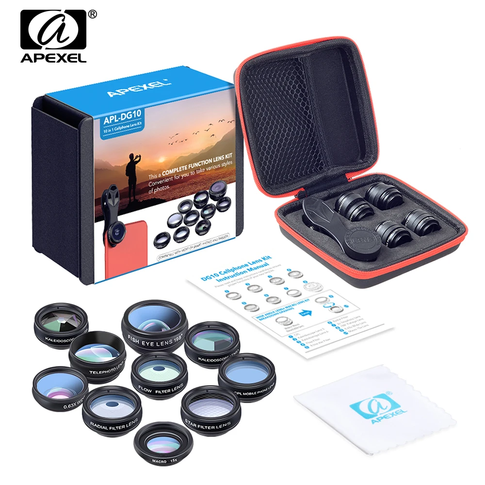 APEXEL 10in1 Phone Camera Lens For iphone 6s 7 8 X Xiaomi Samsung S8 S7 Smartphone 2X Telescope Fish eye Wide Angle macro Lentes
APEXEL 10in1 Phone Camera Lens For iphone 6s 7 8 X Xiaomi Samsung S8 S7 Smartphone 2X Telescope Fish eye Wide Angle macro Lentes