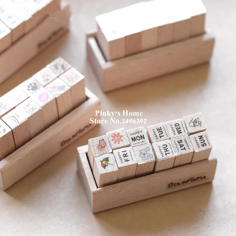 Cute DIY Wooden Box Ink Pad Stamps Love Kids Diary Decoration Wood Stamp Stationery Set | Канцтовары для офиса и дома