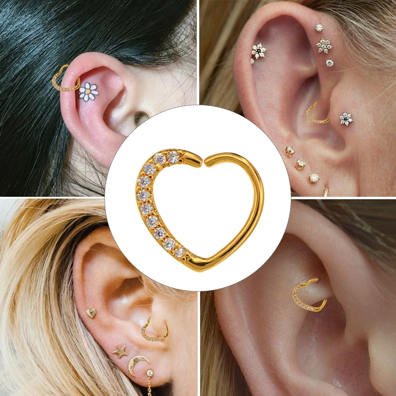 Heart Right Closure Daith Cartil Tragus Hinged Segment Ring Piercing Body Jewelry Nose Septum Lip Nipple 16 Gauge Cartilage Ring   (3)