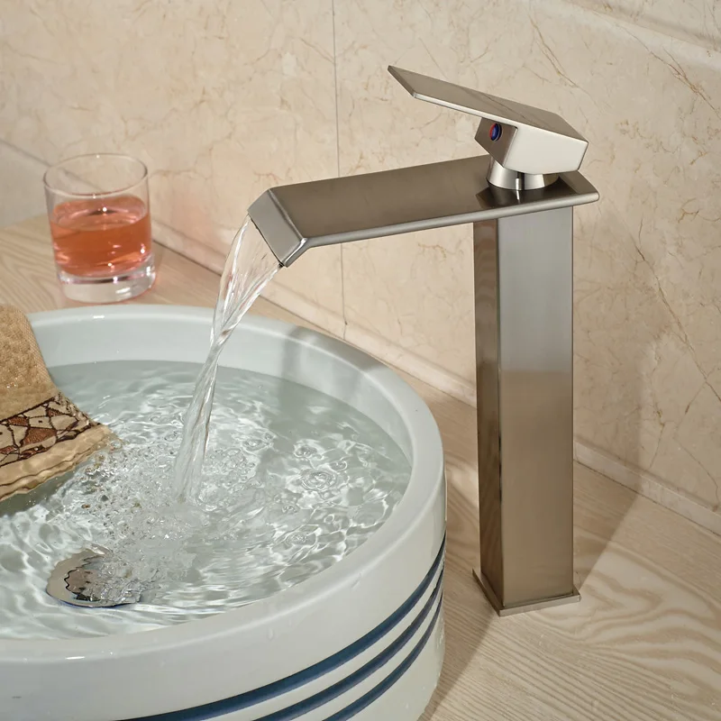 Countertop Waterfall Deck Mounted Basin Sink Tall Faucet Bathroom Mixer Taps Brushed Nickel