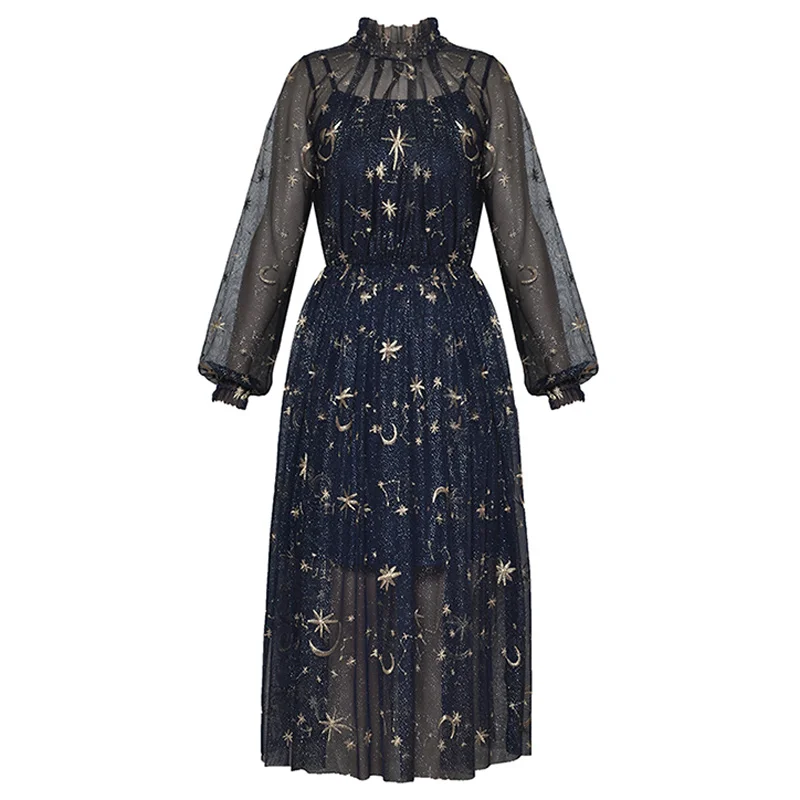 

golden stars moon Milky Way embroidery mesh womens blue dress woman sexy see through runway dress stand collar long sleeve dress