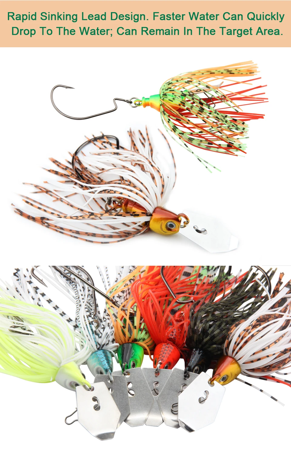 RoseWood 1PCS Buzz Bait Fishing Lure 14g Lead Head Metal Spoons, Soft Elastic Silicone Skirt Spinner Bait Lures For Bass Fishing (4)